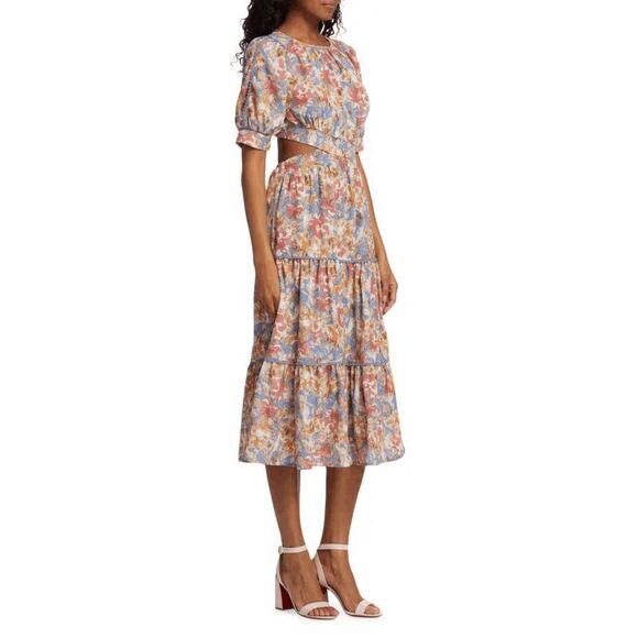 NWT En Saison Floral Cutout Puff Sleeve Soleil Midi Dress Multicolor Medium $145 - Picture 3 of 11